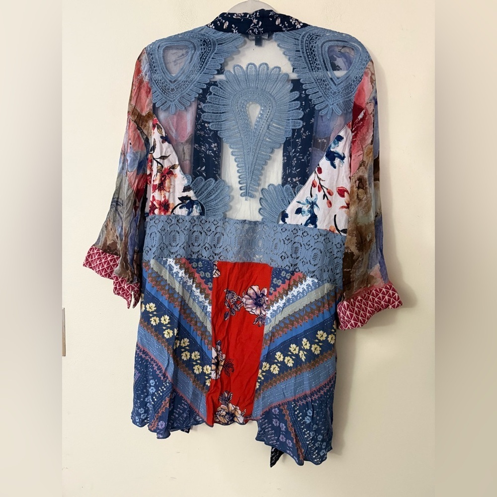 John Mark Navy Multicolor Open Front Patchwork Kimono, 3/4 Sleeves, size L EUC - Picture 8 of 8